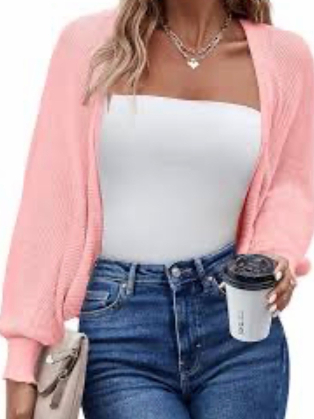 Soft Pink Open-Front Knit Shrug — Lightweight Layering